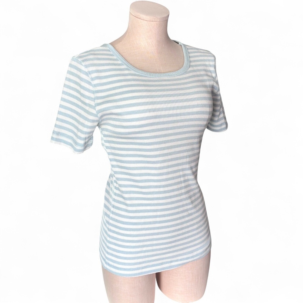 Vintage 90s Pale Blue Ribbed Baby‎ Tee | Fitted Stretch Knit T-Shirt M
